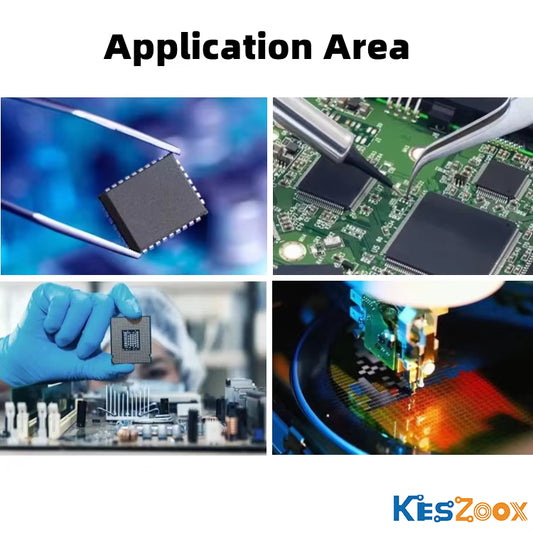 IC chip application areas — tweezers holding QFN IC chip on blue background, PCB board with LQFP QFP chips being placed, engineer in blue gloves installing BGA processor on motherboard, semiconductor wafer fabrication equipment in cleanroom — IC chips for consumer electronics, industrial, computing and semiconductor manufacturing at Keszoox