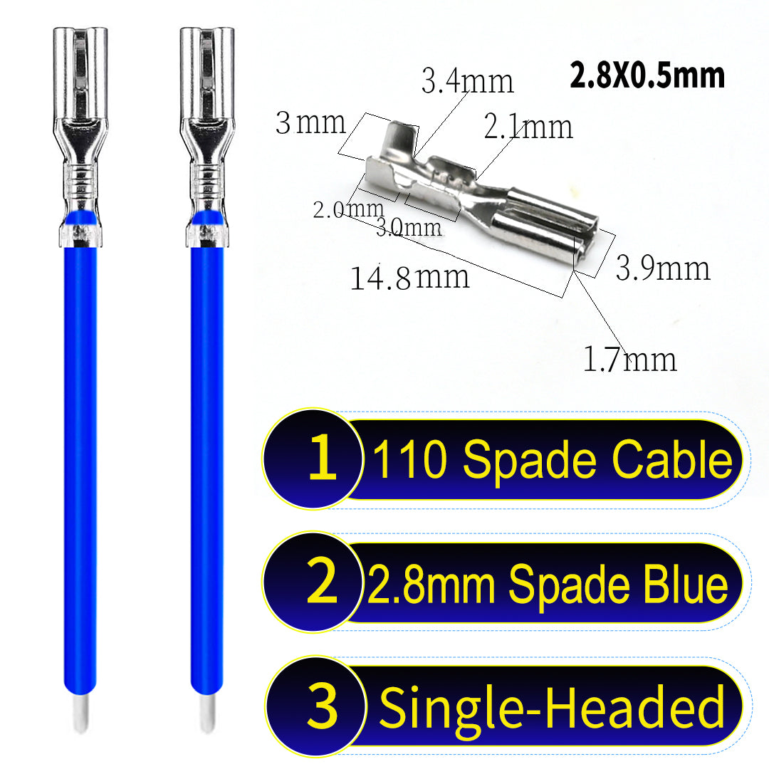 2.8mm both sided white 110 spade cable Blue, tin-plated copper, versatile applications.