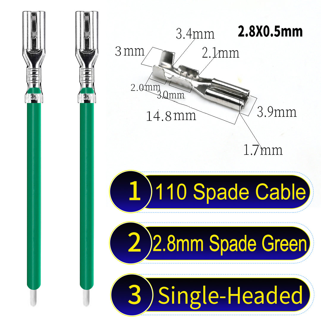 2.8mm both sided white 110 spade cable Green, tin-plated copper, versatile applications.