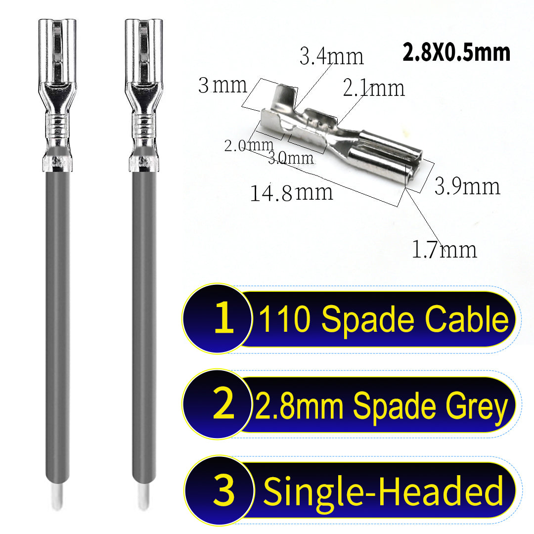 2.8mm both sided white 110 spade cable Grey, tin-plated copper, versatile applications.