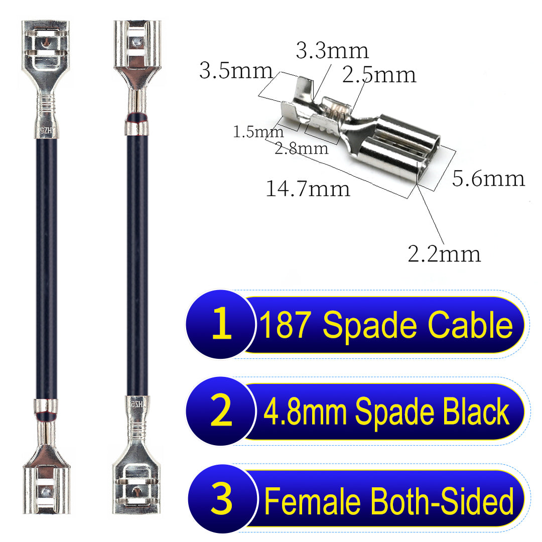 Detailed 4.8mm both sided spade terminals Cable Single-Sided Black, ideal for automotive repairs, DIY projects, and home wiring solutions. Durable and easy to install.