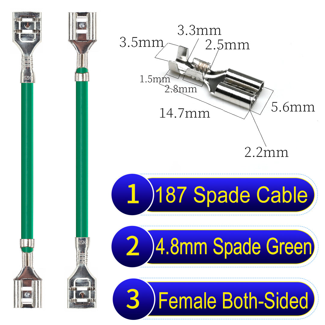Detailed 4.8mm both sided spade terminals Cable Single-Sided Green, ideal for automotive repairs, DIY projects, and home wiring solutions. Durable and easy to install.