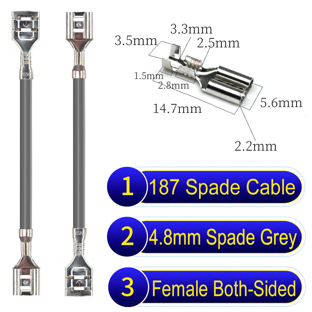 Detailed 4.8mm both sided spade terminals Cable Single-Sided Grey, ideal for automotive repairs, DIY projects, and home wiring solutions. Durable and easy to install.