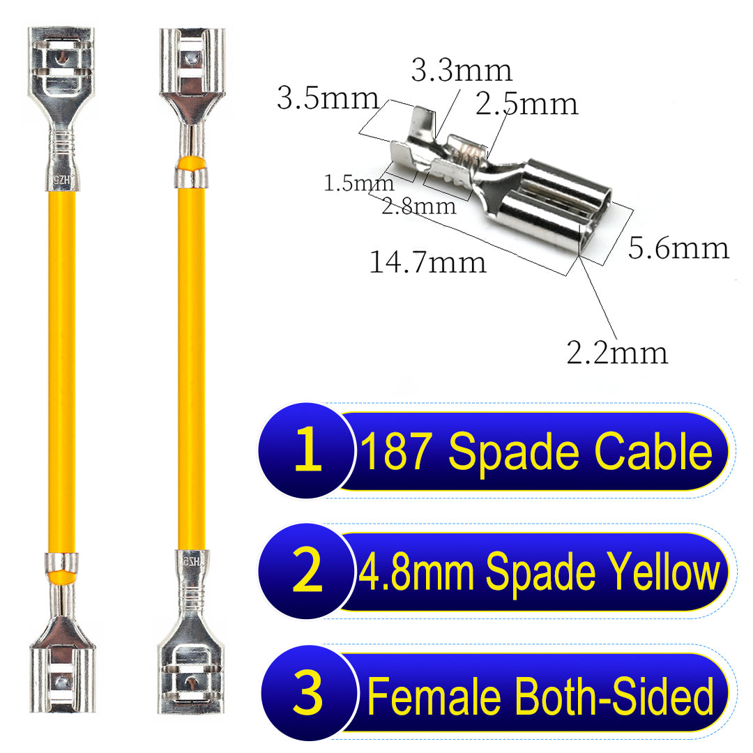 Detailed 4.8mm single-head spade terminals Cable Single-Sided Yellow, ideal for automotive repairs, DIY projects, and home wiring solutions. Durable and easy to install.