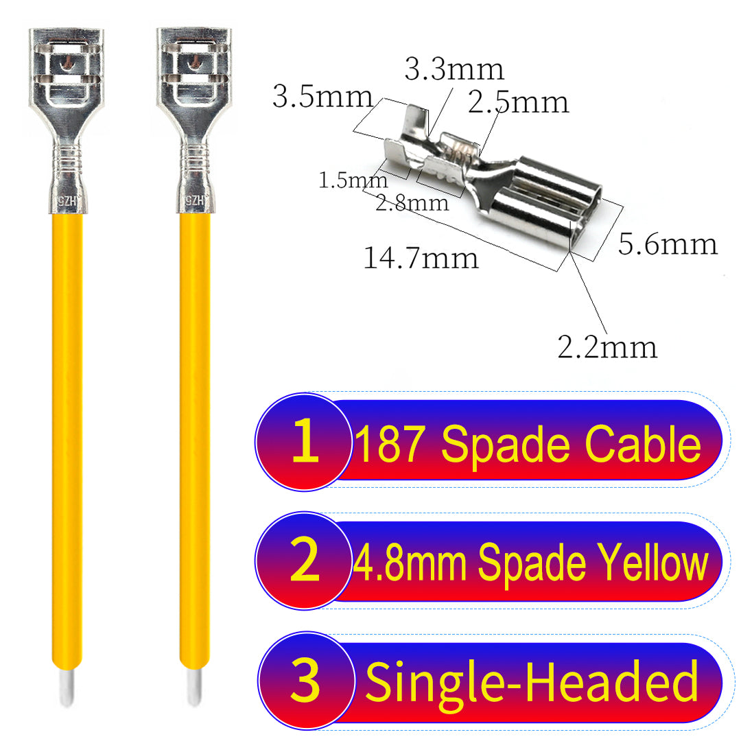 Detailed 4.8mm single-head spade terminals Cable Single-Sided Yellow, ideal for automotive repairs, DIY projects, and home wiring solutions. Durable and easy to install.