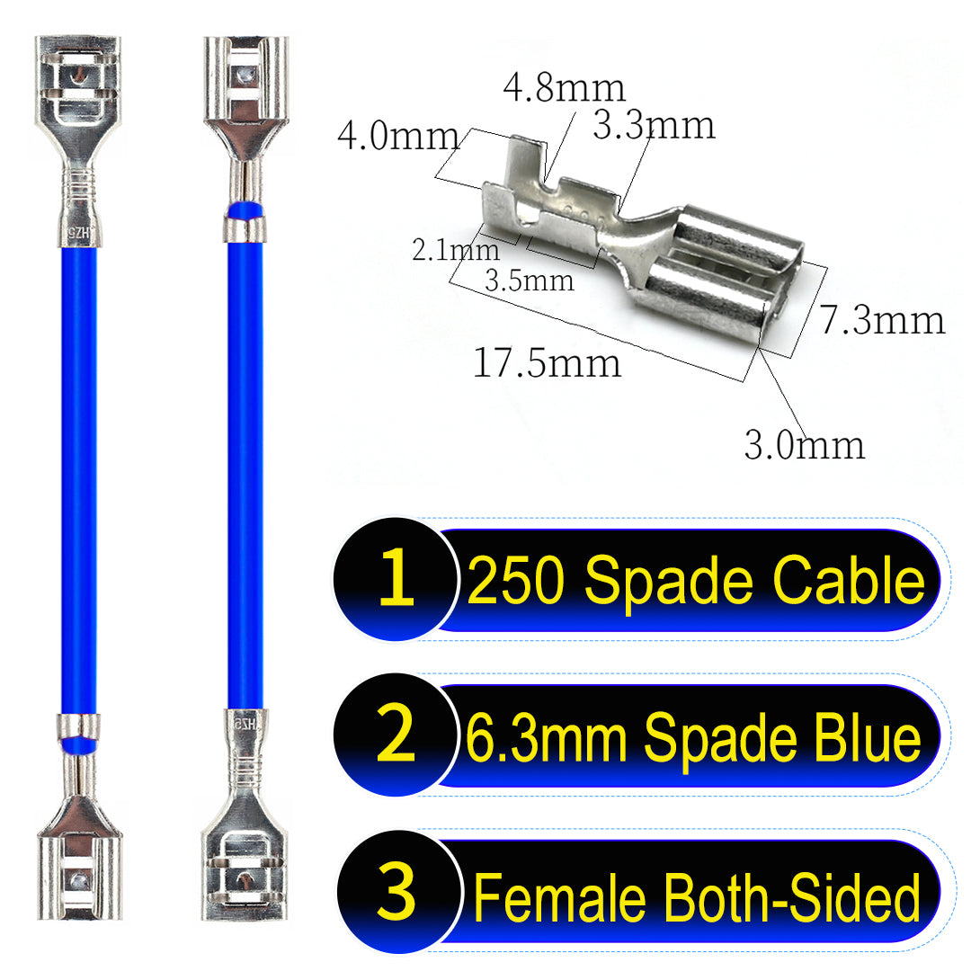 Premium 250 Type 6.3mm spade terminals Cable both sided Blue for automotive and home wiring.