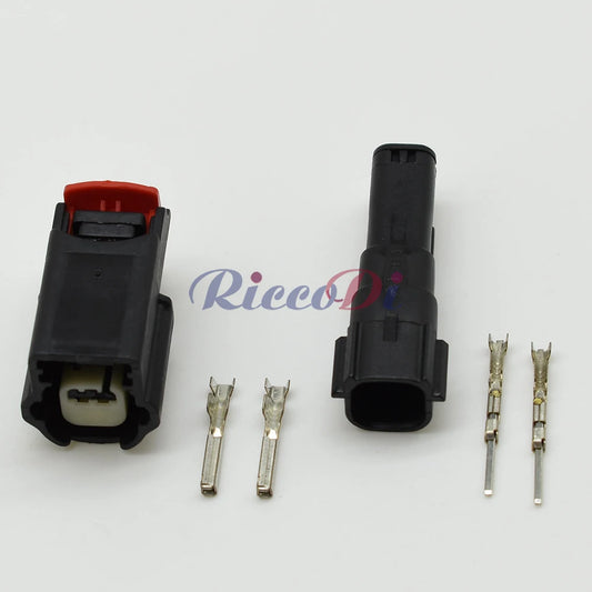 Close-up of male and female plug of automotive 2 pin connector for front bumper radar sensor installation