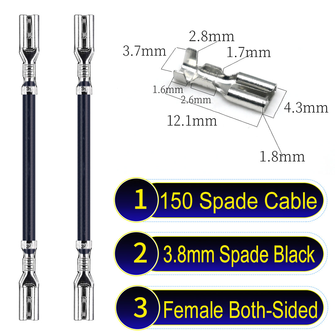 A detailed view of 3.8mm both sided Cable Black spade connectors, ideal for wiring tasks in automotive, home, and DIY projects.