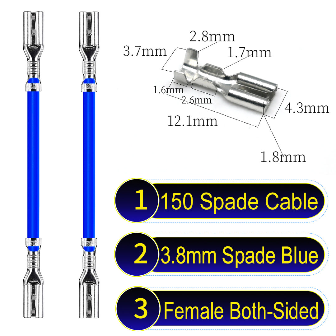 A detailed view of 3.8mm both sided Cable Blue spade connectors, ideal for wiring tasks in automotive, home, and DIY projects.