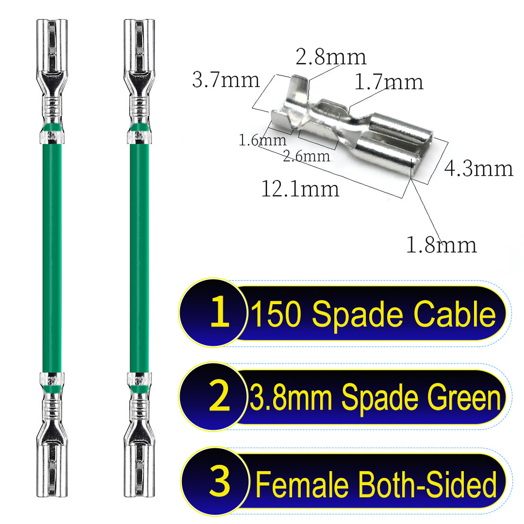 A detailed view of 3.8mm both sided Cable Green spade connectors, ideal for wiring tasks in automotive, home, and DIY projects.