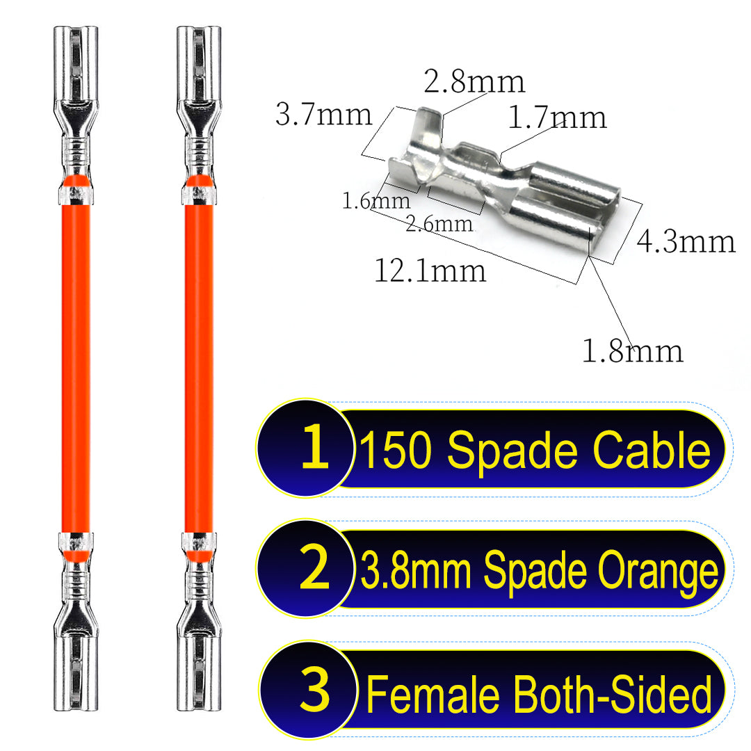 A detailed view of 3.8mm both sided Cable Orange spade connectors, ideal for wiring tasks in automotive, home, and DIY projects.