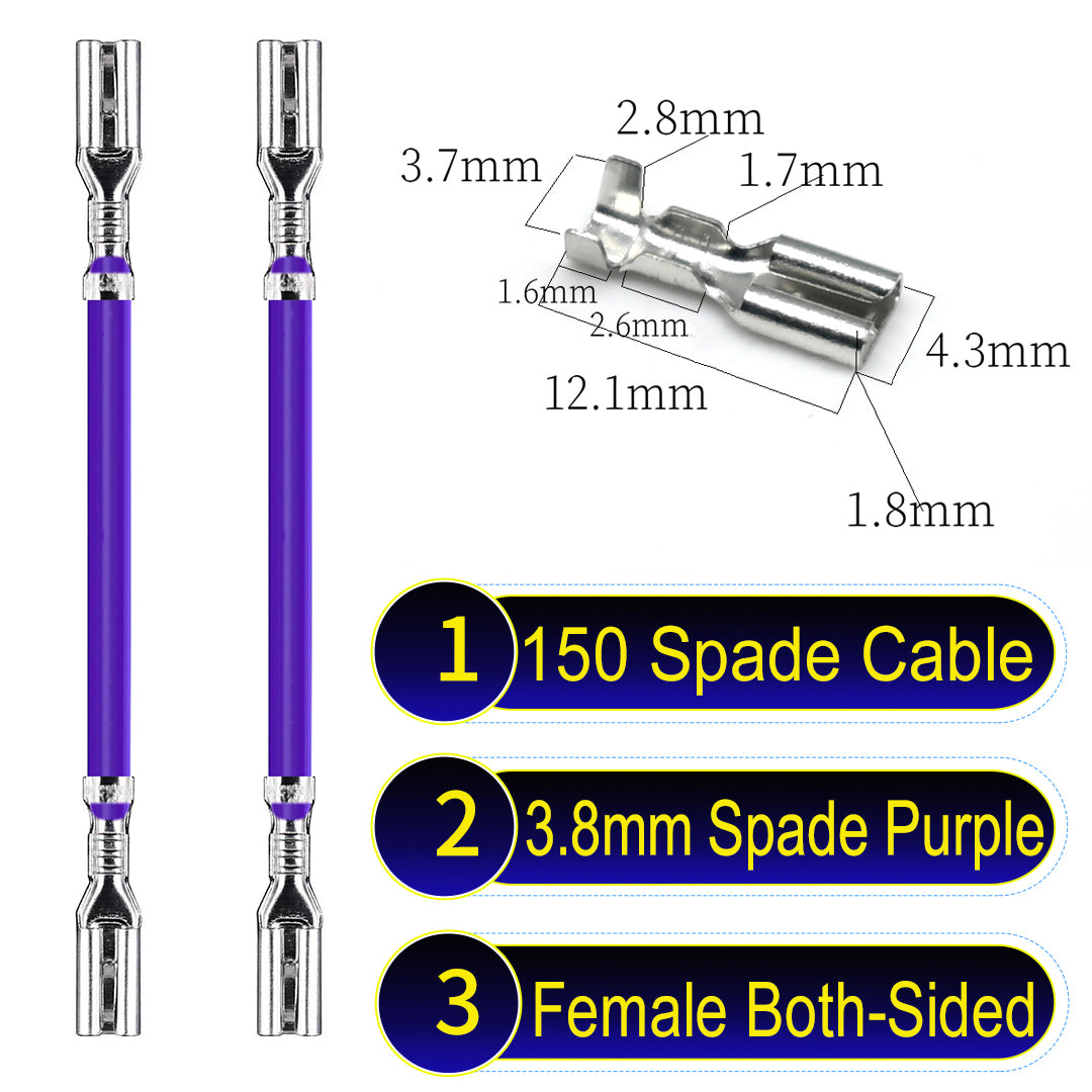 A detailed view of 3.8mm both sided Cable Purple spade connectors, ideal for wiring tasks in automotive, home, and DIY projects.