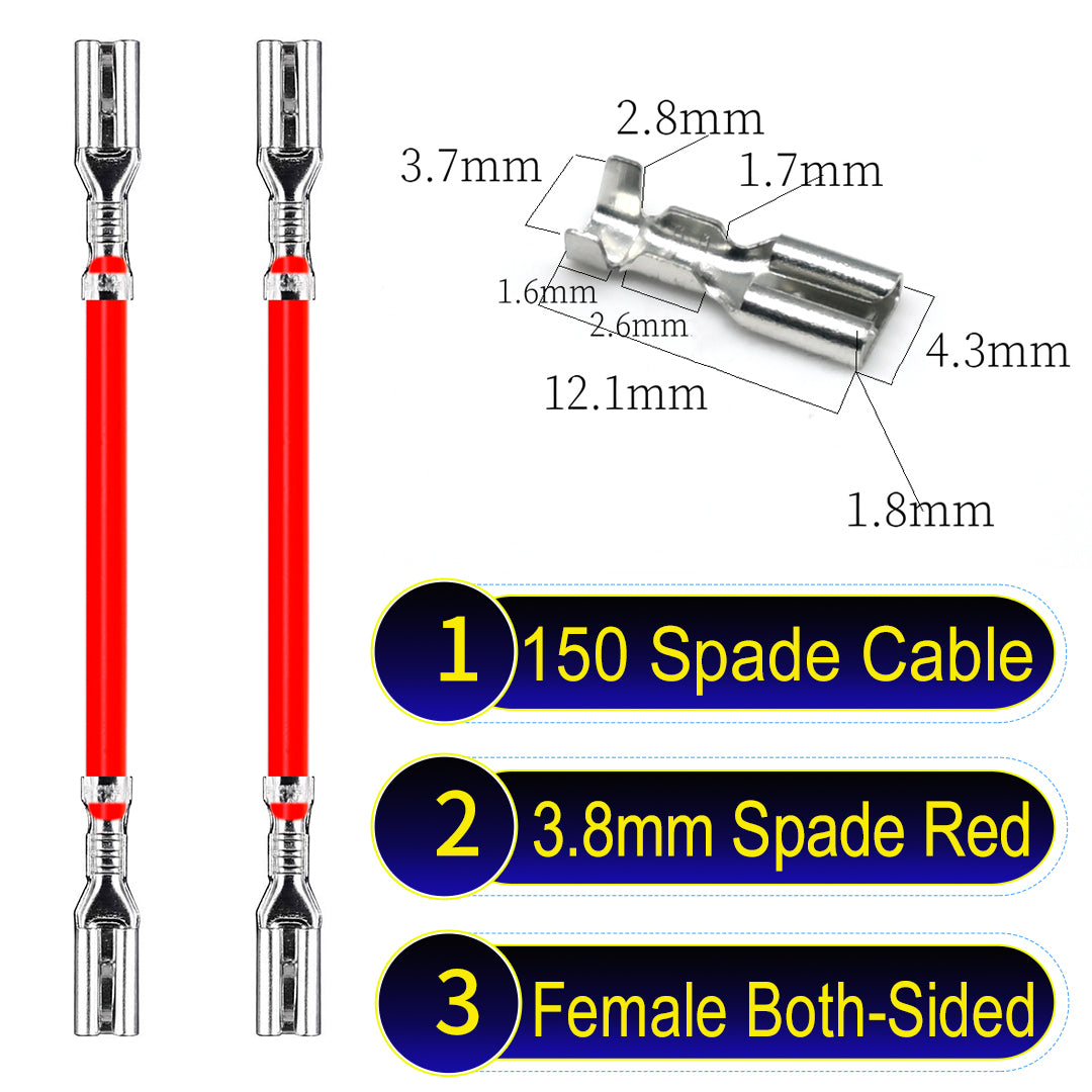 A detailed view of 3.8mm both sided Cable Red spade connectors, ideal for wiring tasks in automotive, home, and DIY projects.