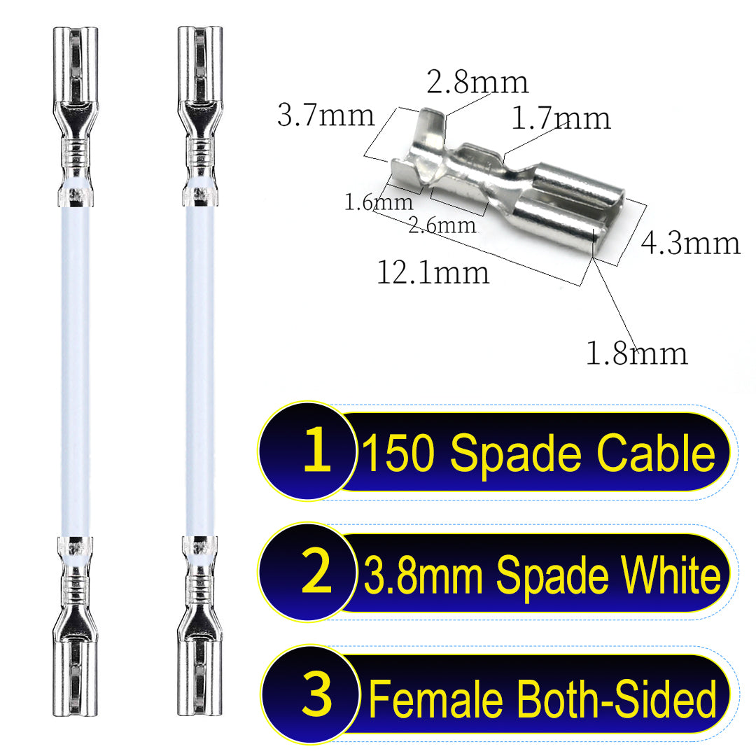 A detailed view of 3.8mm both sided Cable White spade connectors, ideal for wiring tasks in automotive, home, and DIY projects.