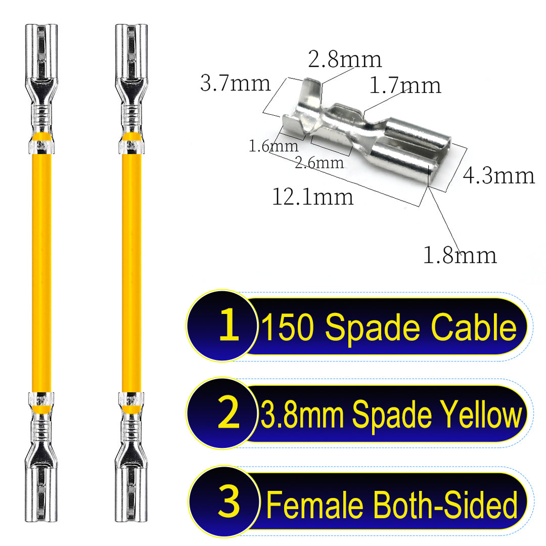 A detailed view of 3.8mm both sided Cable Yellow spade connectors, ideal for wiring tasks in automotive, home, and DIY projects.
