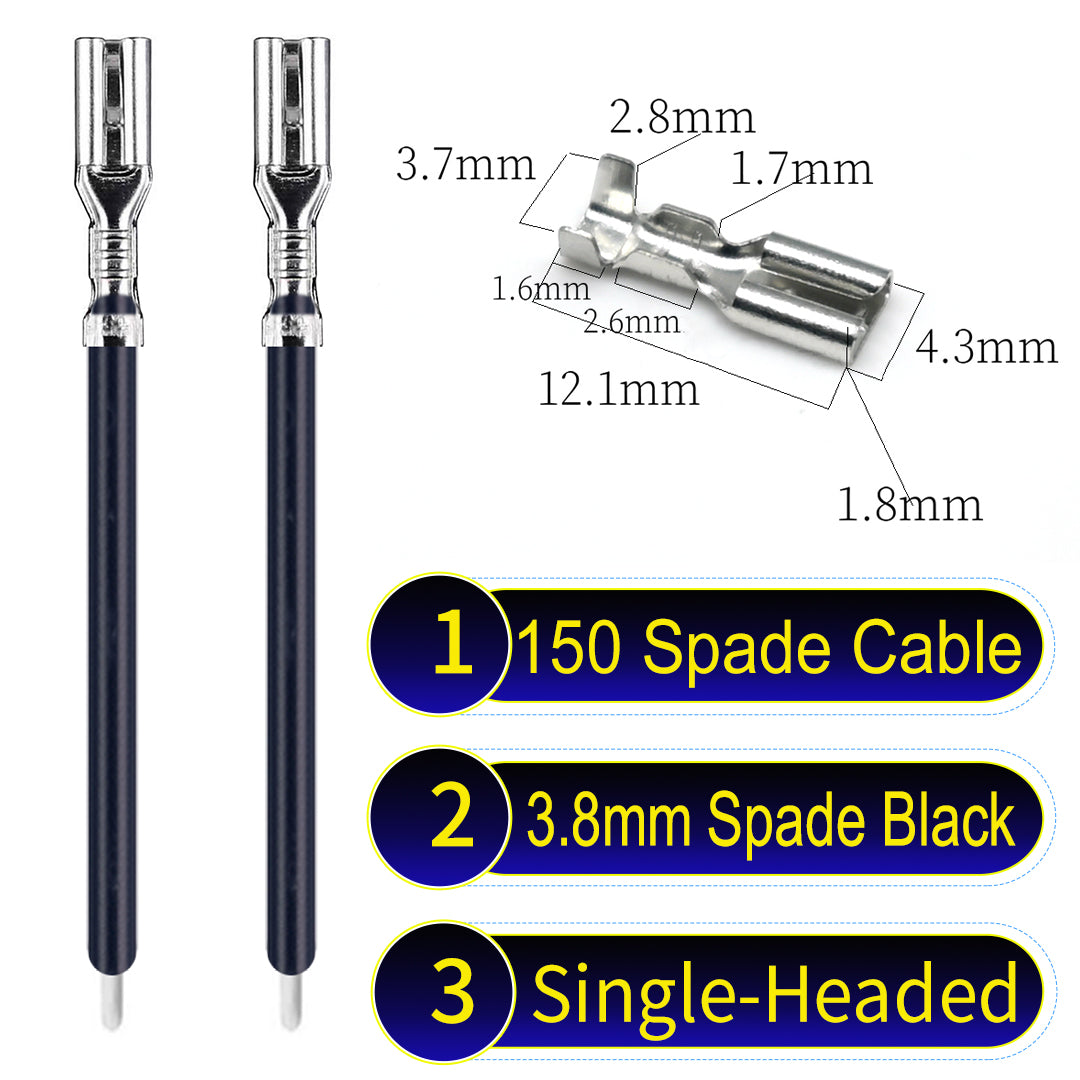 A detailed view of 3.8mm single-head Cable Black spade connectors, ideal for wiring tasks in automotive, home, and DIY projects.