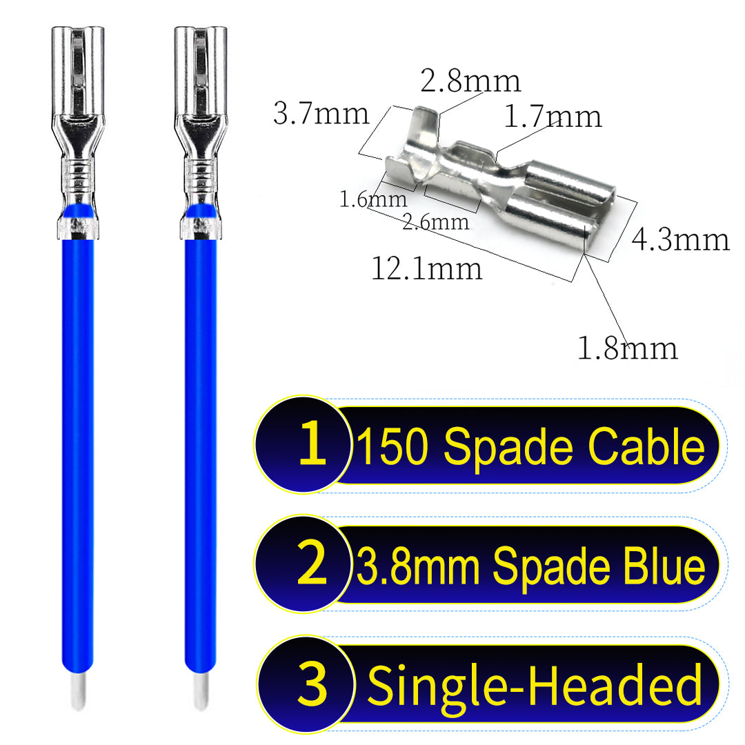 A detailed view of 3.8mm single-head Cable Blue spade connectors, ideal for wiring tasks in automotive, home, and DIY projects.