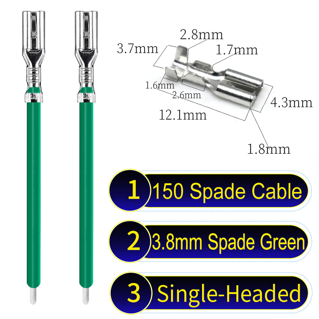 A detailed view of 3.8mm single-head Cable Green spade connectors, ideal for wiring tasks in automotive, home, and DIY projects.
