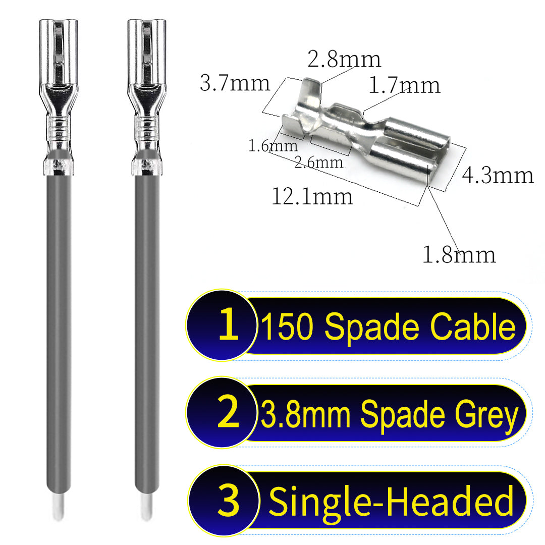 A detailed view of 3.8mm single-head Cable Grey spade connectors, ideal for wiring tasks in automotive, home, and DIY projects.