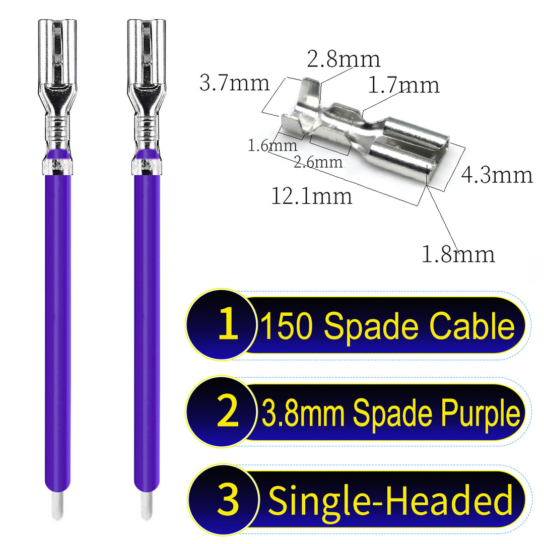 A detailed view of 3.8mm single-head Cable Purple spade connectors, ideal for wiring tasks in automotive, home, and DIY projects.