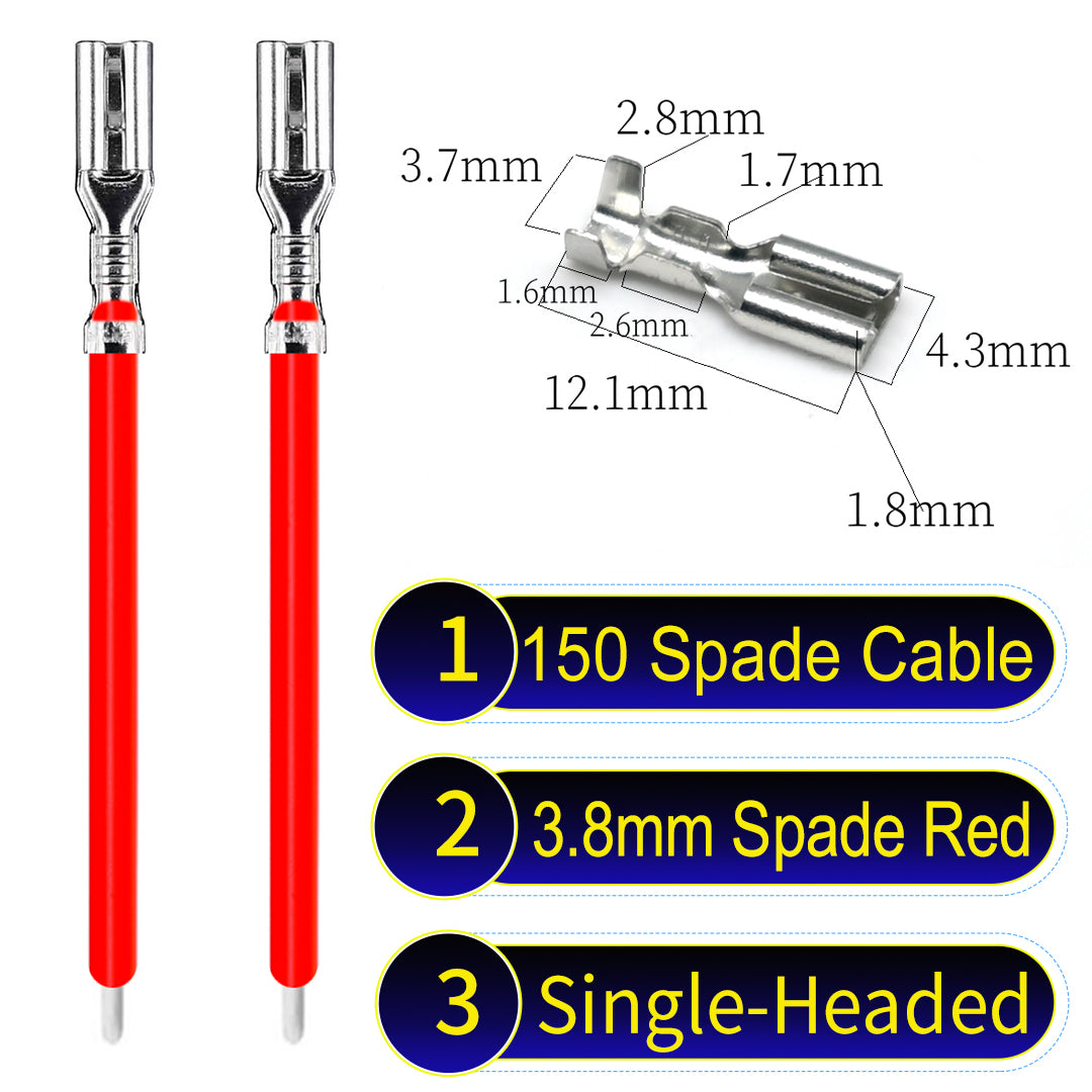 A detailed view of 3.8mm single-head Cable Red spade connectors, ideal for wiring tasks in automotive, home, and DIY projects.