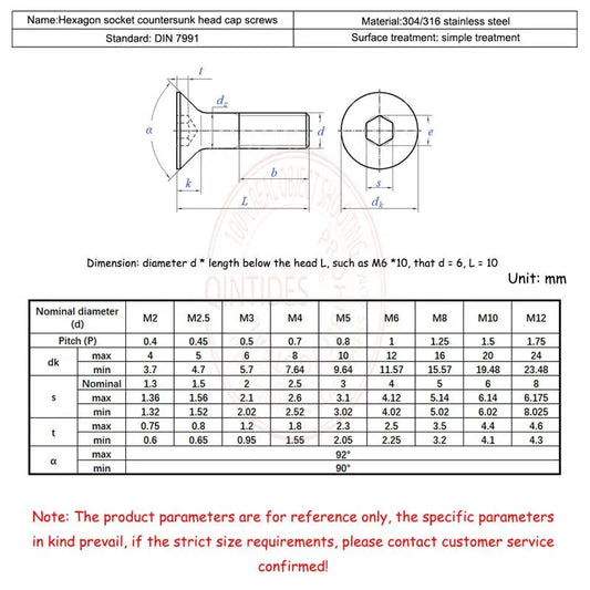 304-stainless-steel-hexagon-socket-countersunk-screw-m6