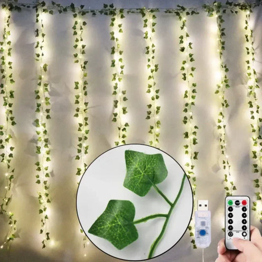 Close-up of 3x3 window curtain LED fairy lights with willow leaves decoration