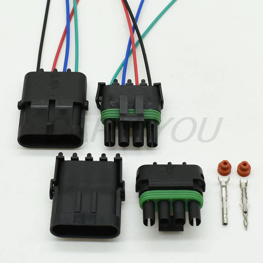 Close-up of 4 Pin Delphi 12015797 12010974 electrical connector terminals waterproof Weather Pack square wire