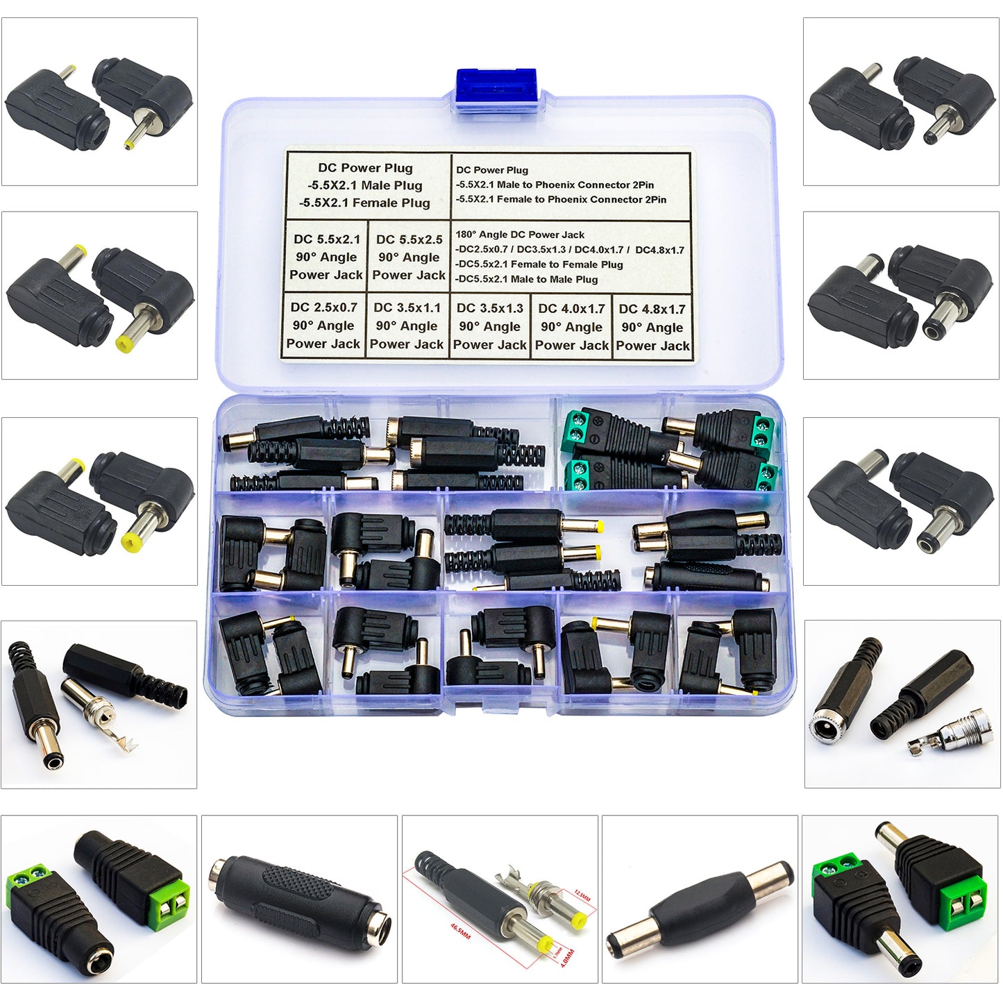 Durable 90 degree male plug and female DC socket connectors for compact power connections