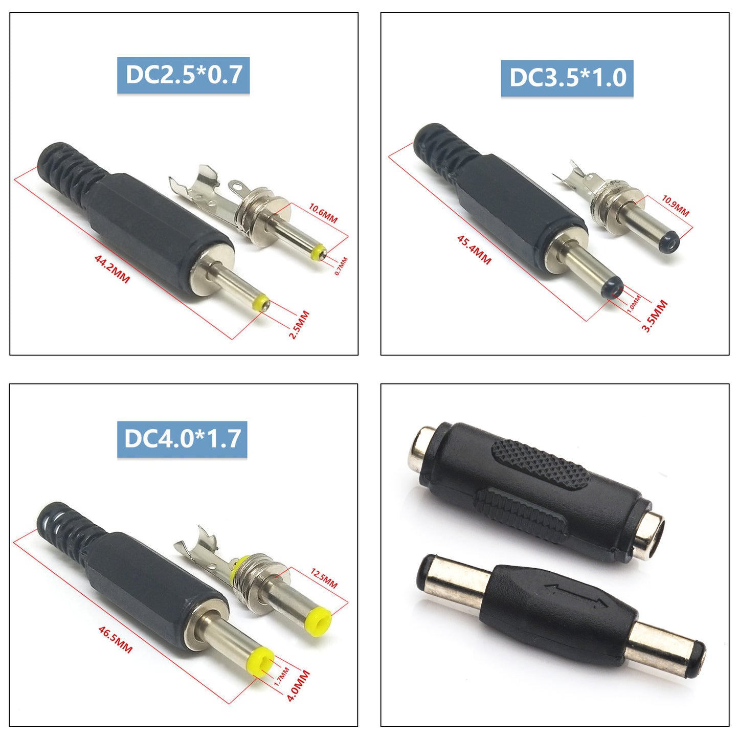Assorted 90 degree DC power connectors ideal for CCTV, LED strips, and compact electronic devices