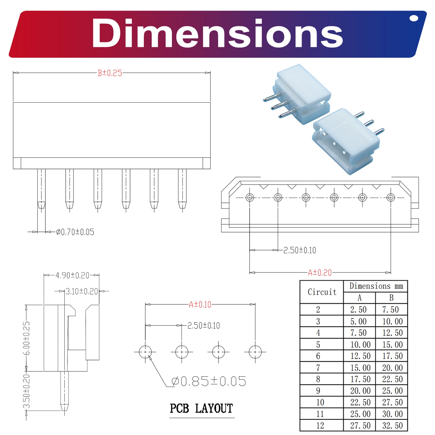 Variety pack of MX5264 2.5mm DIP headers compatible with Molex, ideal for PCB assembly and electrical projects