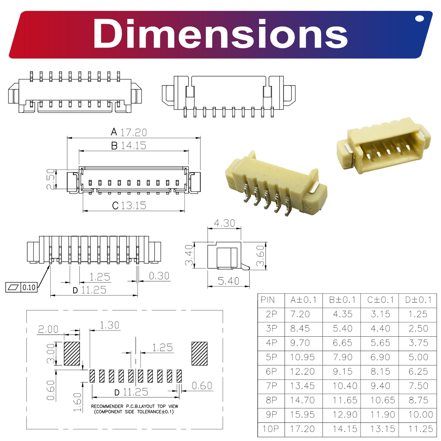 Variety pack of Molex MX1.25mm SMT header connectors for electronics and wire-to-board projects