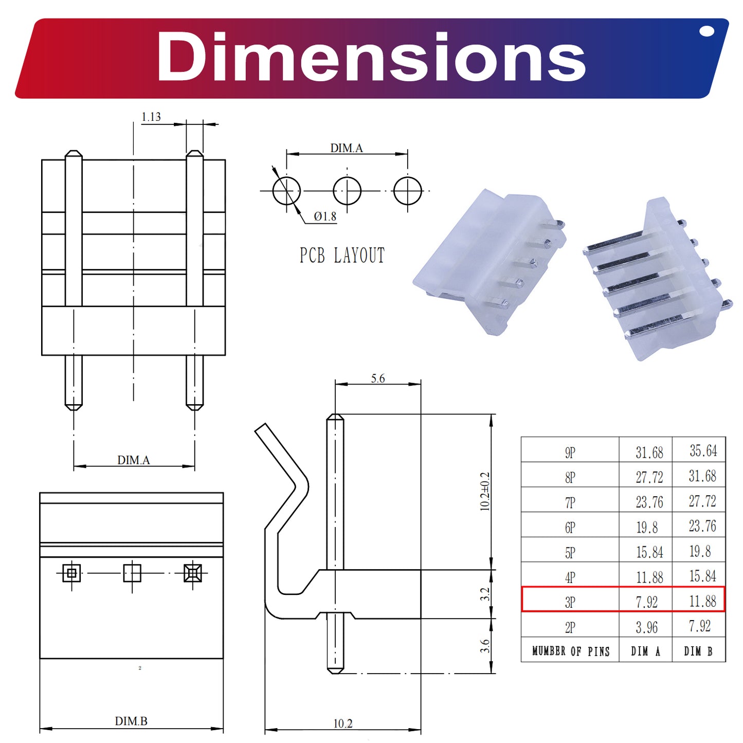 Variety pack of Molex MX3.96 series 3.96mm DIP header connectors for PCB assembly and electrical devices