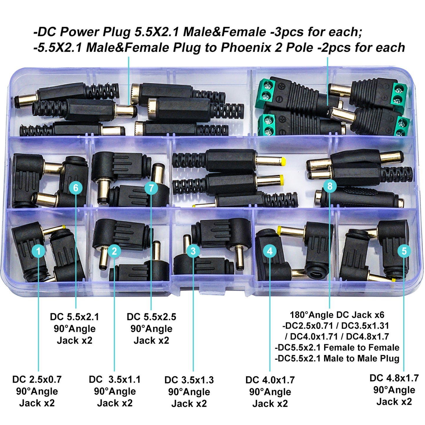 Mixed kit of right angle DC connectors designed for space-saving installations and projects