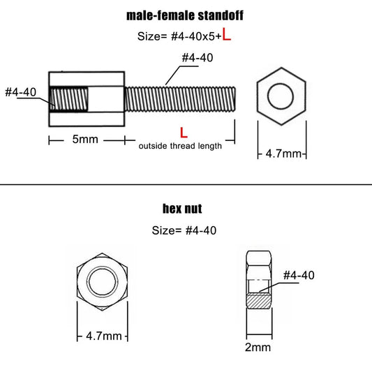 Brass copper nickel-plated #4-40 hex standoff spacer for electronic boards