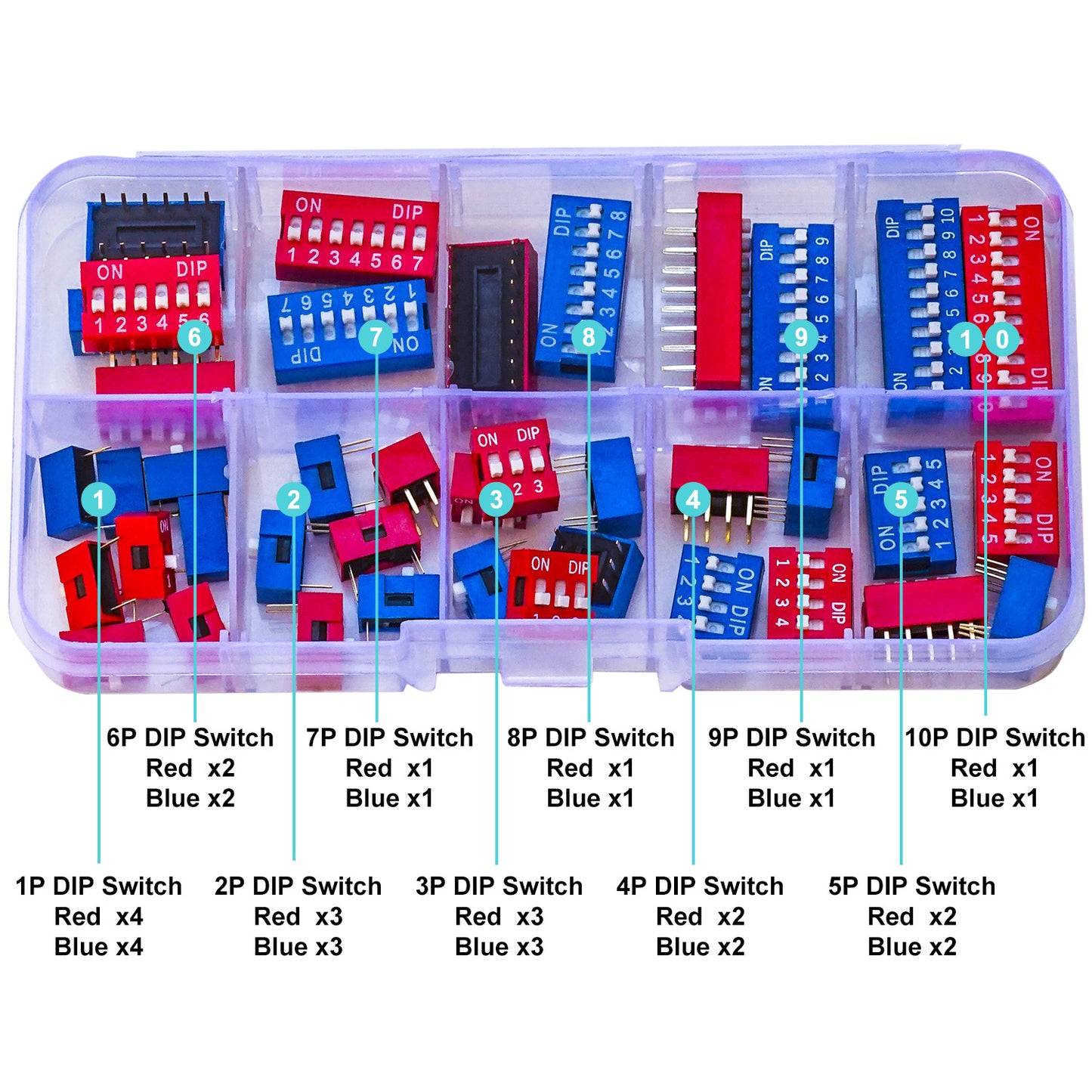 Detailed close-up showing the pin layout and switch toggles of DIP switches