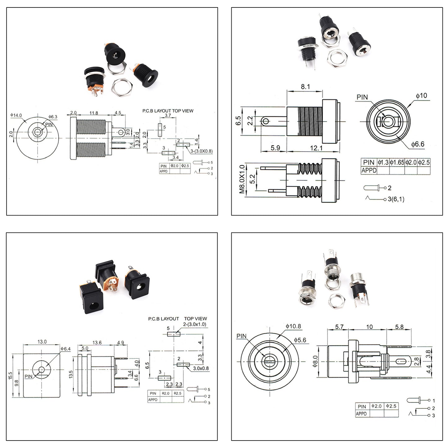 Full 5.5 x 2.1mm DC power connector kit with male plug and female panel mount socket for various devices
