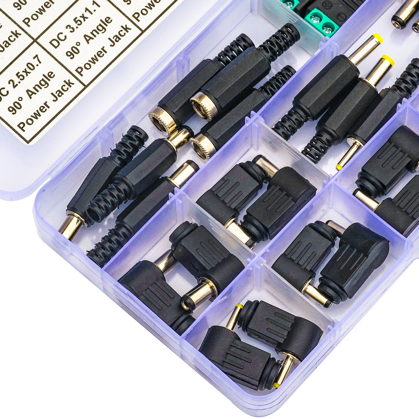 Complete assortment of DC power connectors with 90 degree angled design for versatile applications