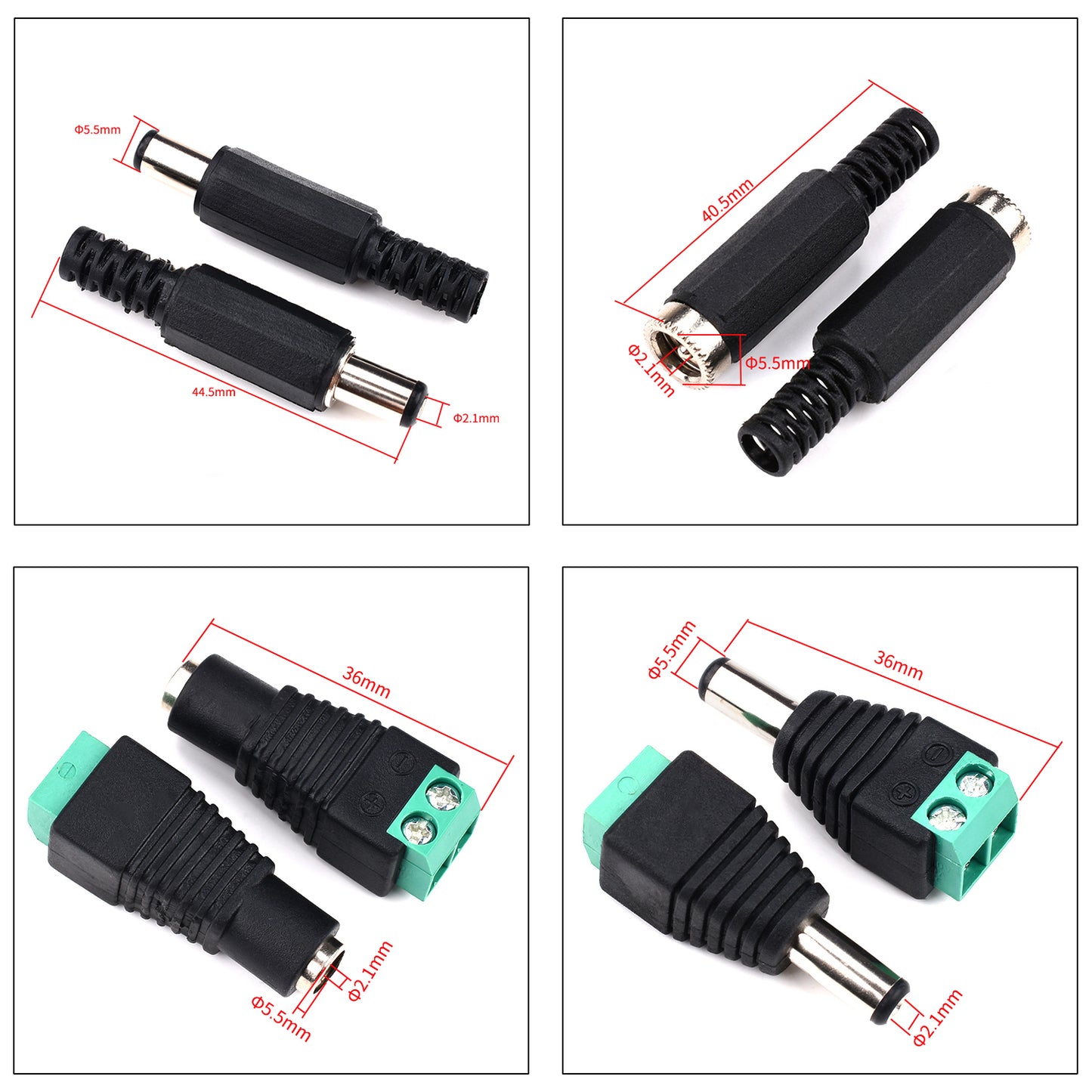 Example installation of 5.5x2.1mm DC power connector kit with male and female plugs