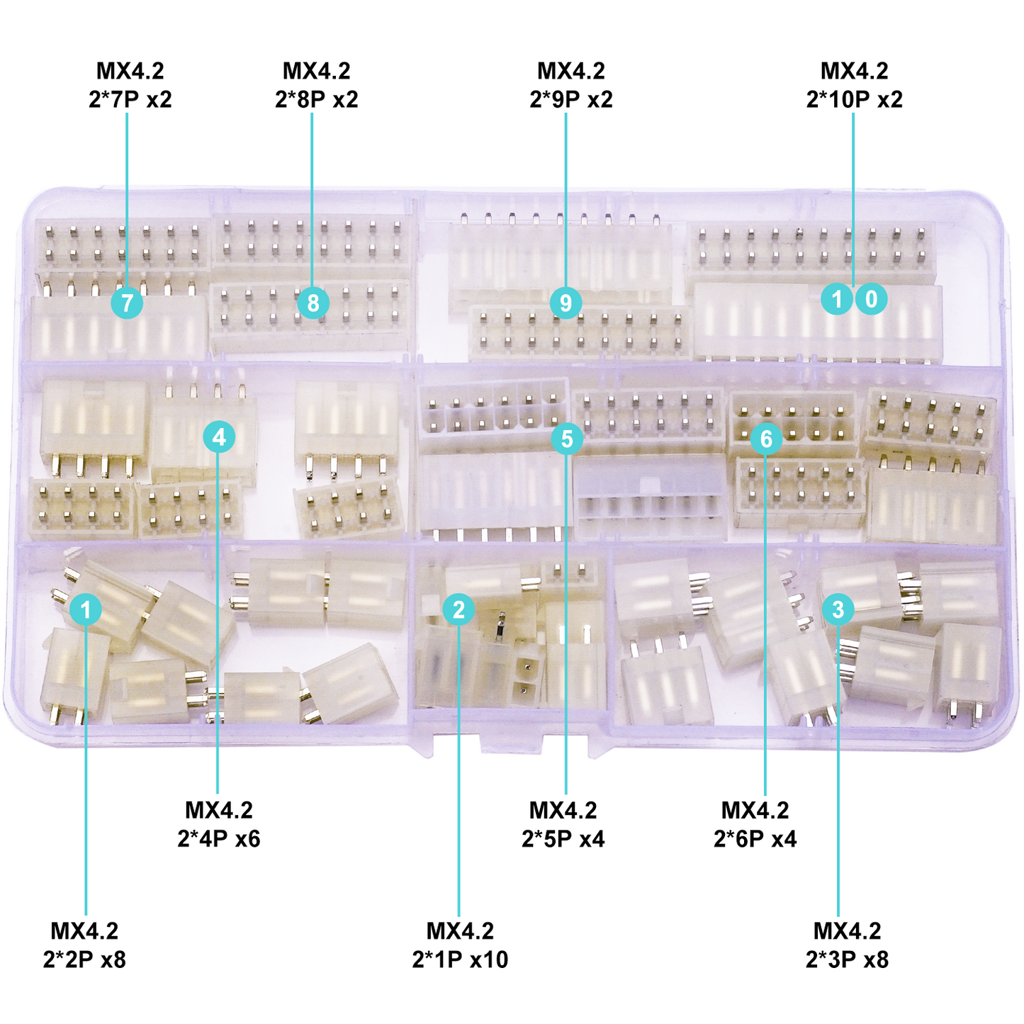 Assorted Molex MX4.2 Mini-Fit Jr DIP header connectors designed for compact PCB mounting