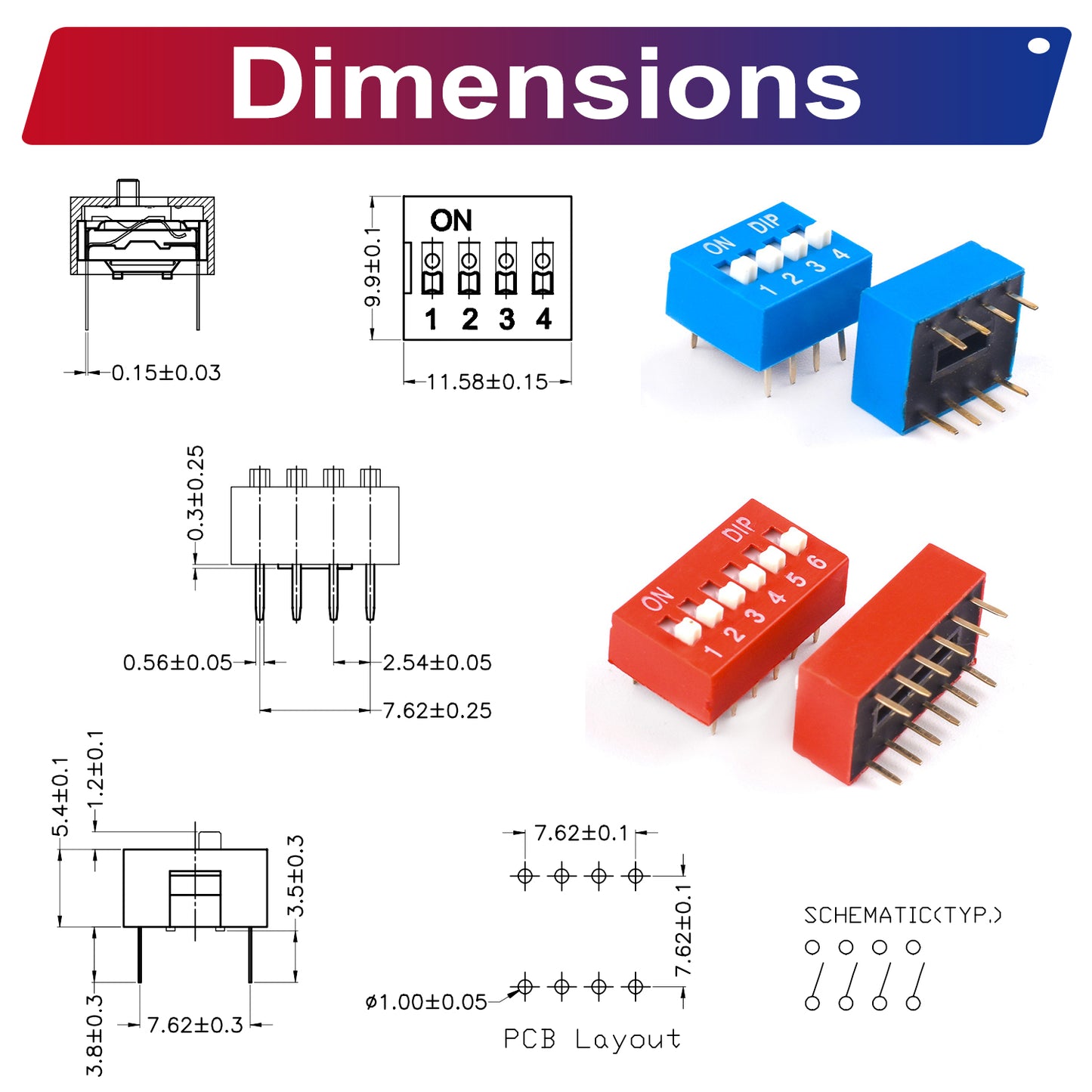 Example of DIP switches mounted on a PCB for configuration and testing