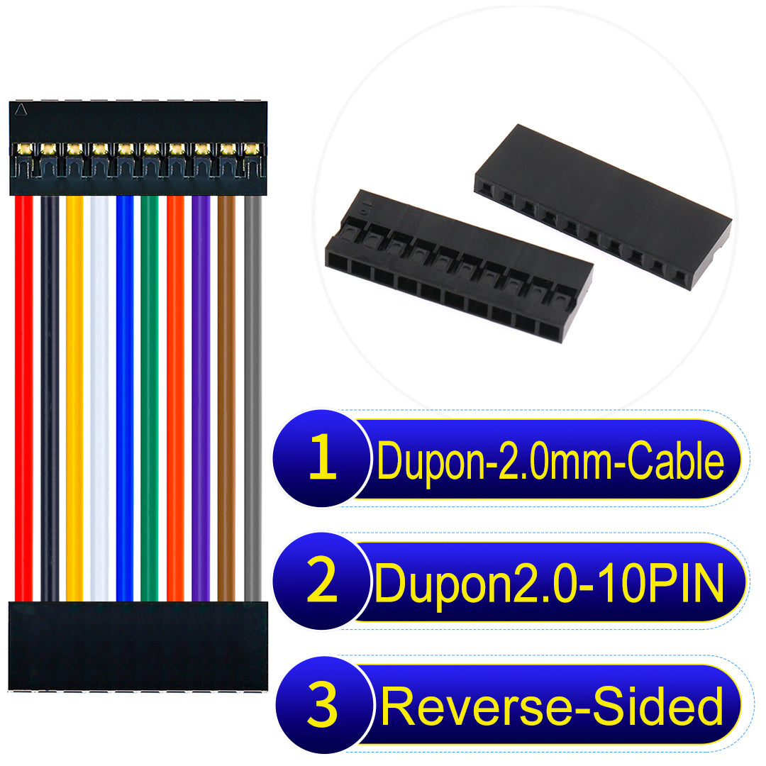Dupont 2.0mm 10Pin Reverse-Side-Head cable, standard 2.0mm pitch, 24AWG copper wire, UL1007 certified, widely used for electronic projects and industrial connections.