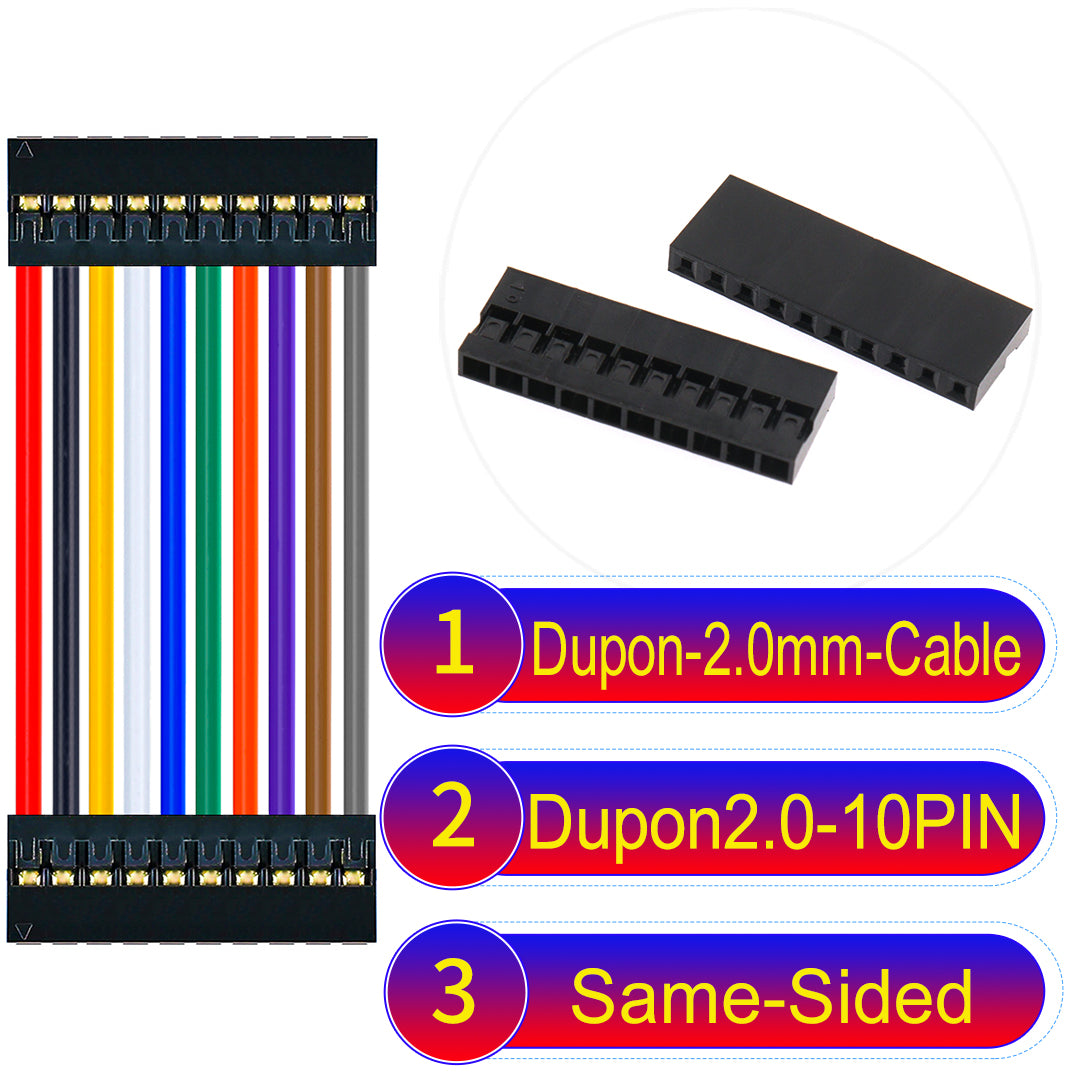 Dupont 2.0mm 10Pin Same-Side-Head cable with 24AWG copper wire and UL1007-certified PVC, ideal for DIY projects and industrial equipment connections.