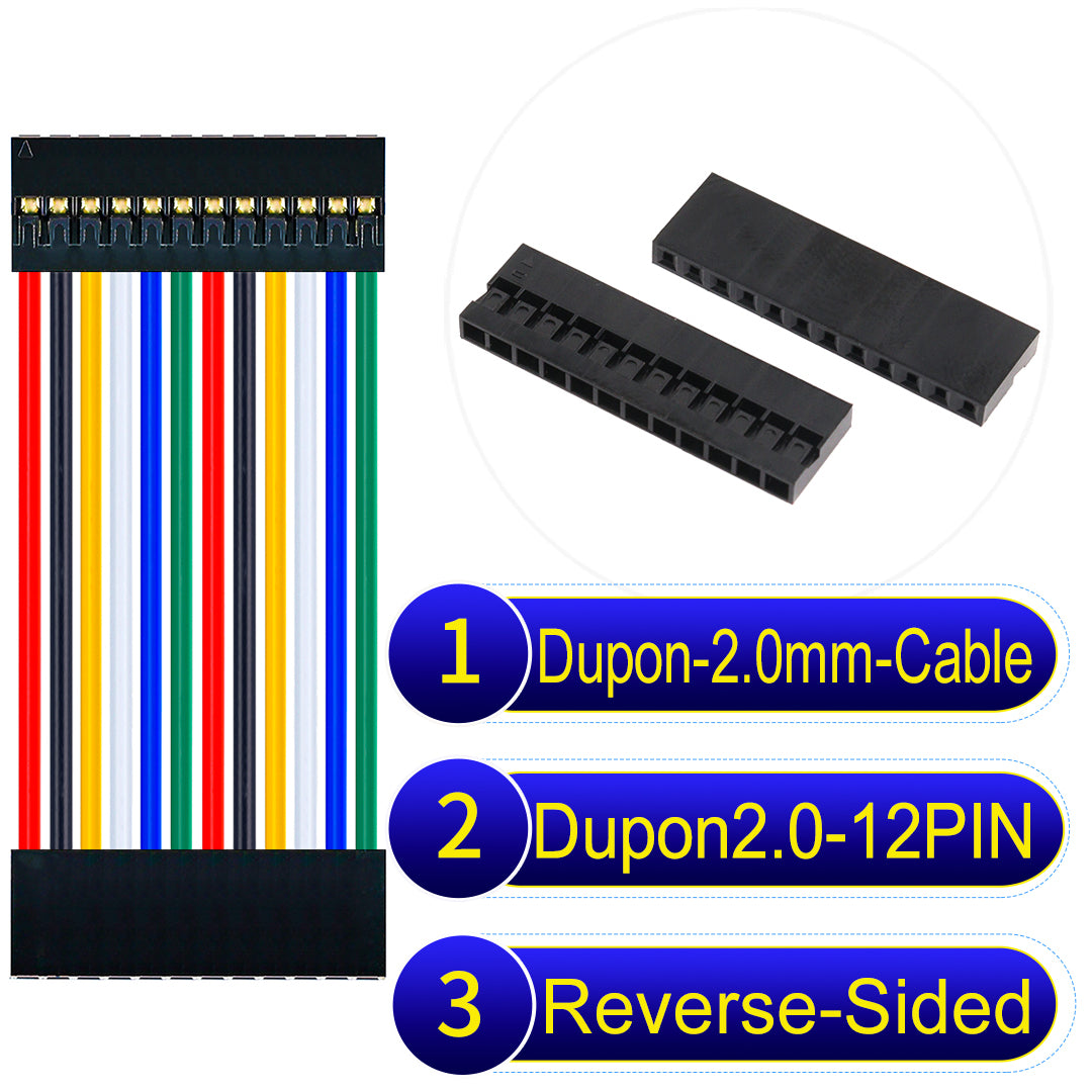 Dupont 2.0mm 12Pin Reverse-Side-Head cable, standard 2.0mm pitch, 24AWG copper wire, UL1007 certified, widely used for electronic projects and industrial connections.