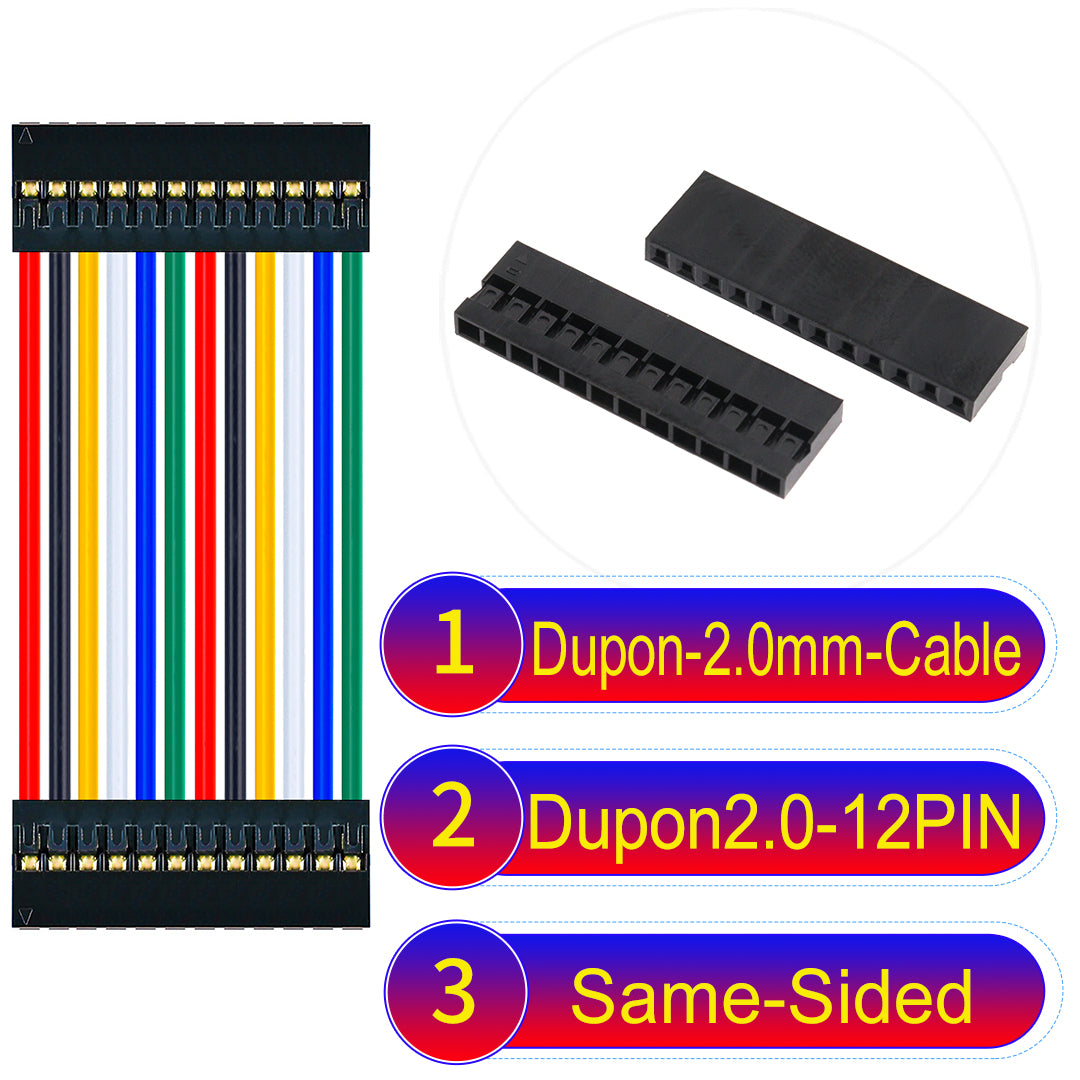 Dupont 2.0mm 12Pin Same-Side-Head cable with 24AWG copper wire and UL1007-certified PVC, ideal for DIY projects and industrial equipment connections.