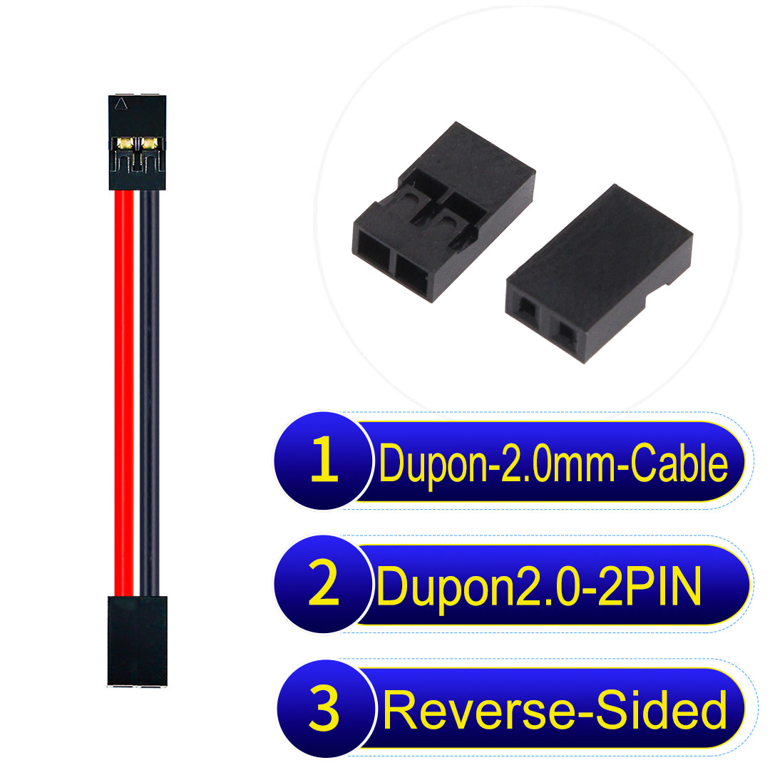 Dupont 2.0mm 2Pin Reverse-Side-Head cable, standard 2.0mm pitch, 24AWG copper wire, UL1007 certified, widely used for electronic projects and industrial connections.