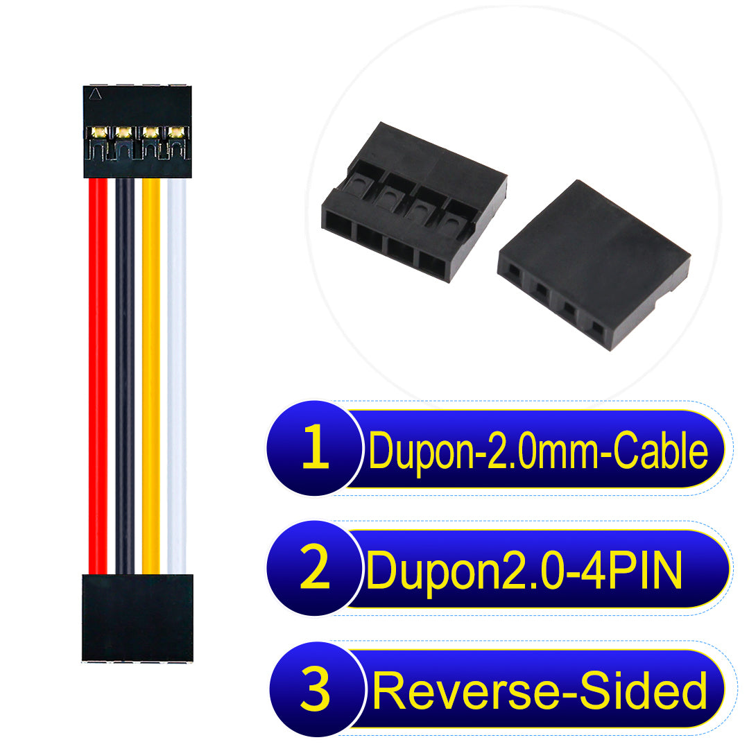 Dupont 2.0mm 4Pin Reverse-Side-Head cable, standard 2.0mm pitch, 24AWG copper wire, UL1007 certified, widely used for electronic projects and industrial connections.