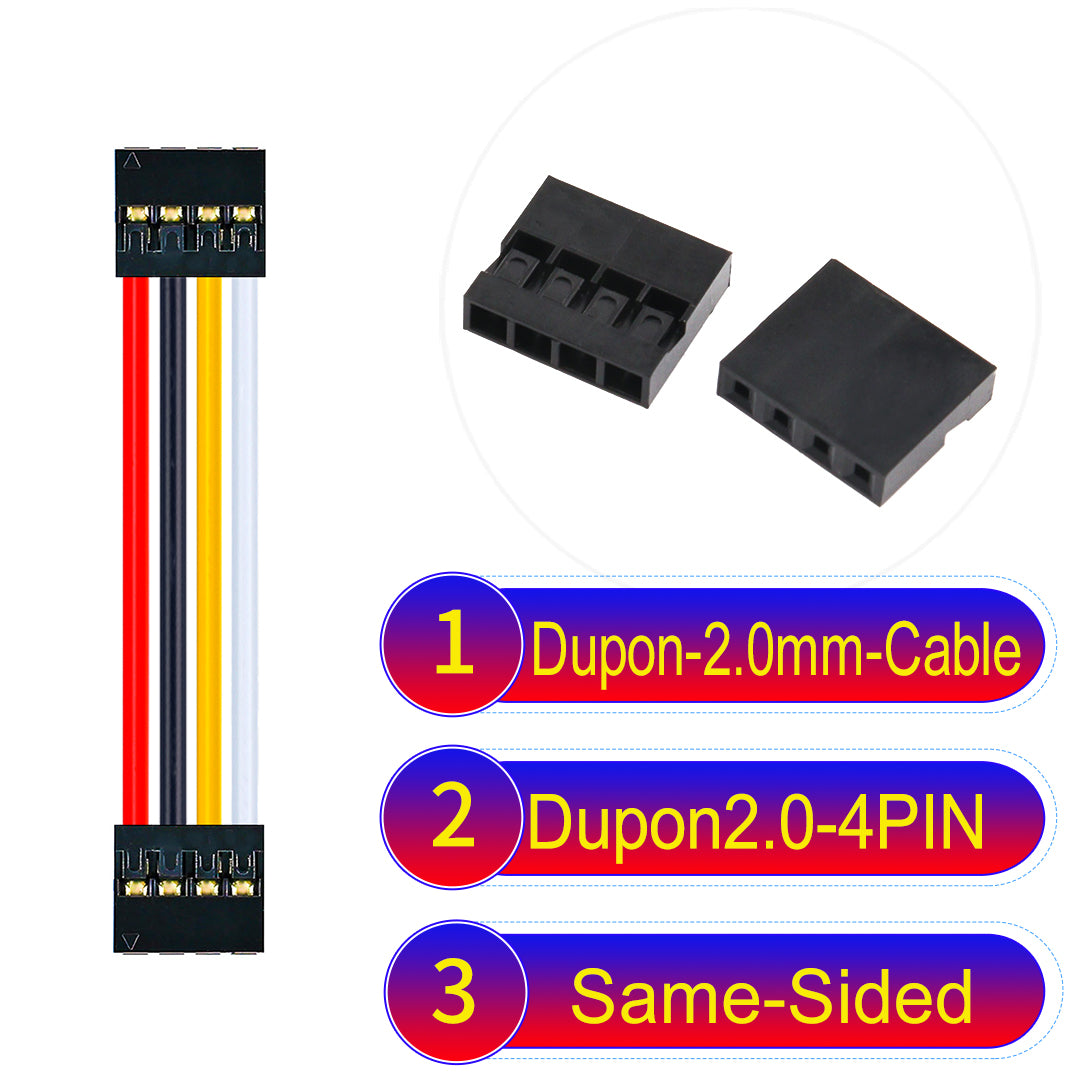 Dupont 2.0mm 4Pin Same-Side-Head cable with 24AWG copper wire and UL1007-certified PVC, ideal for DIY projects and industrial equipment connections.