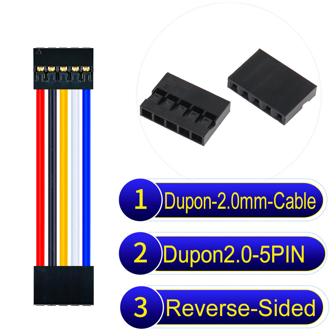 Dupont 2.0mm 5Pin Reverse-Side-Head cable, standard 2.0mm pitch, 24AWG copper wire, UL1007 certified, widely used for electronic projects and industrial connections.