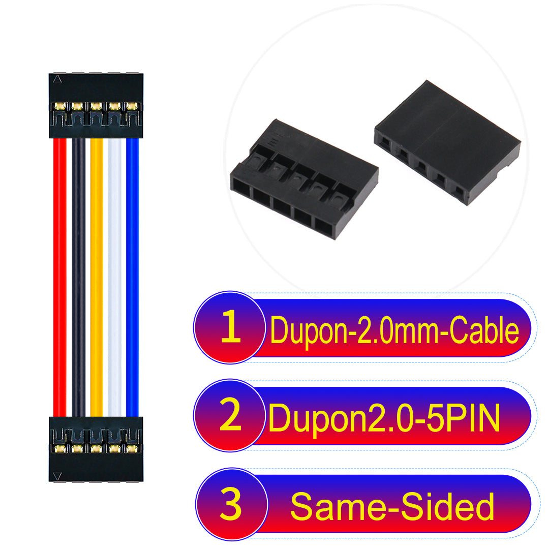 Dupont 2.0mm 5Pin Same-Side-Head cable with 24AWG copper wire and UL1007-certified PVC, ideal for DIY projects and industrial equipment connections.